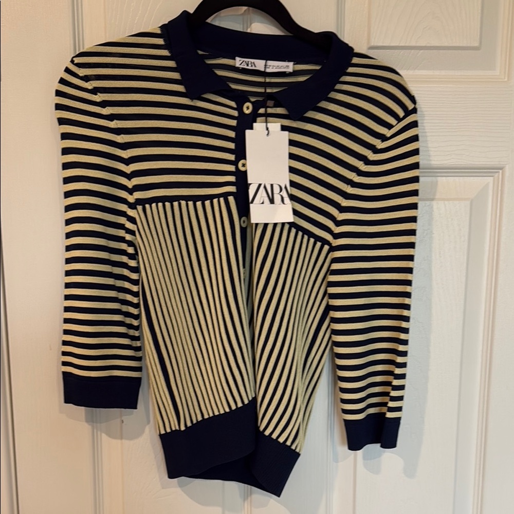 NWT Zara Striped Navy and Cream Polo Sweater